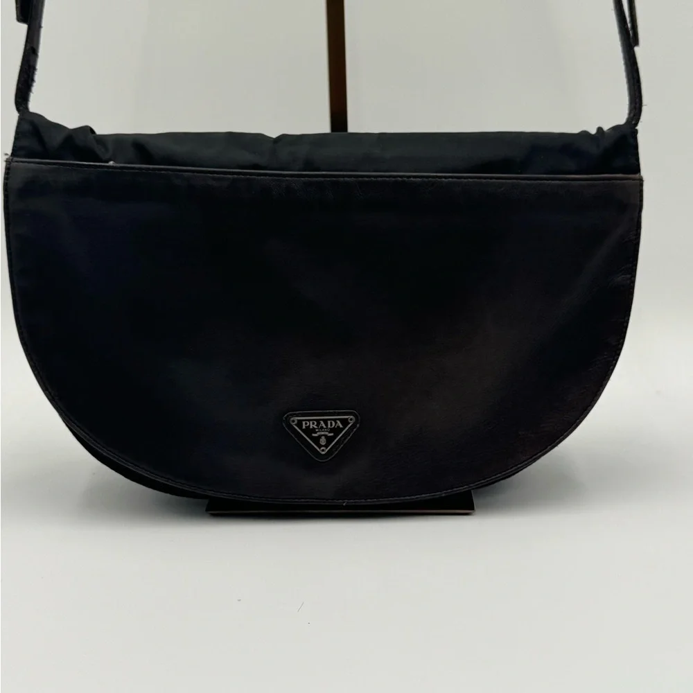 Prada Vintage Leather & Canvas Shoulder Crossbody Bag Black n Brown